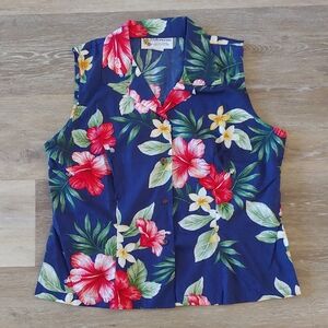NWOT Alohawears Women's Sleeveless Floral Button Down Shirt Blue Size L